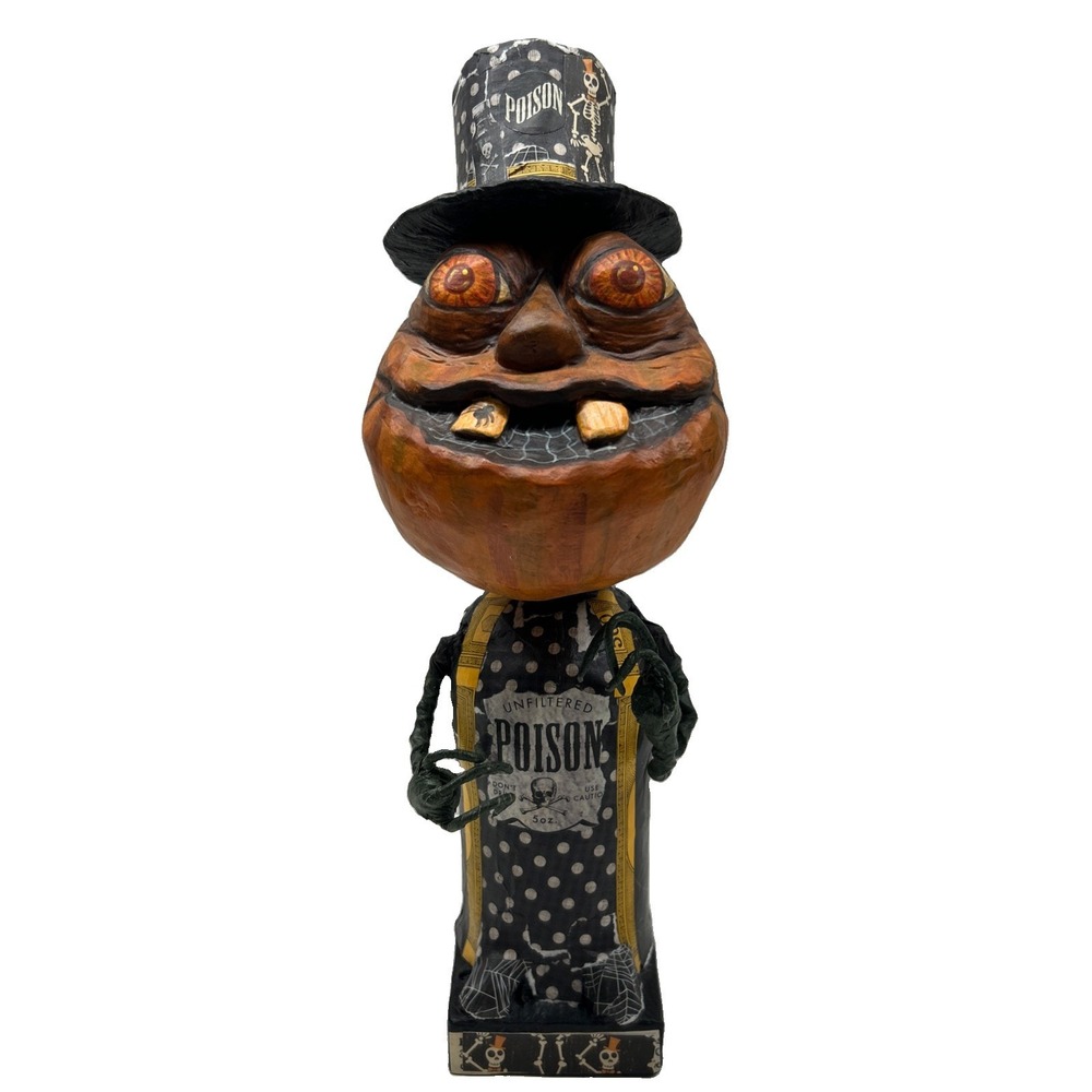 VTG 12" Halloween Pumpkin Man Poison Top Hat Folk Art Figurine Skeleton Decor